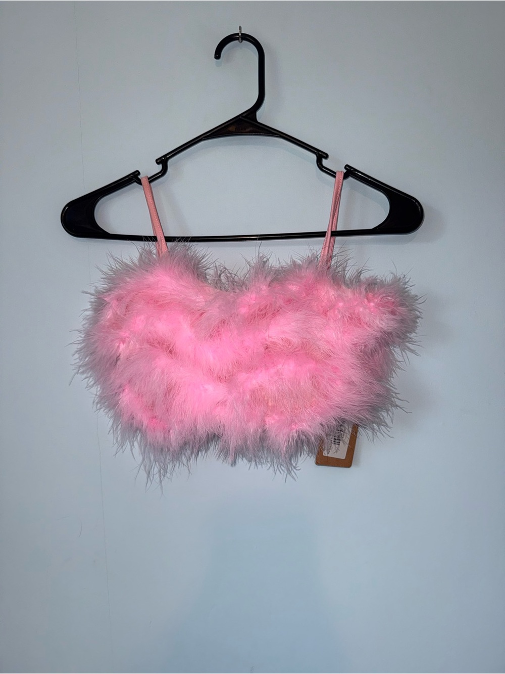Pink Feathered Crop Top - Flirty Fuzzy Spaghetti Strap